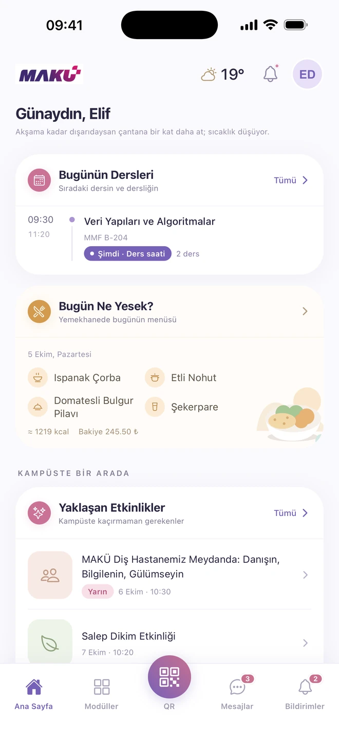 The updated makuArtı home screen with today’s classes, dining menu and upcoming events